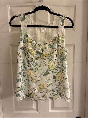 LOFT White Floral Sleeveless Camisole with Yellow & Green Print
